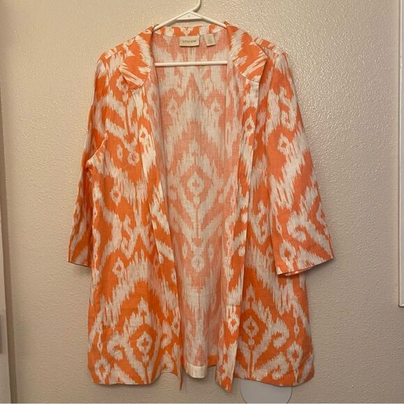Chicos coral IKAT Print 100% Linen cardigan jacket Sunrise Orange EUC 2 L 12 - Picture 1 of 10